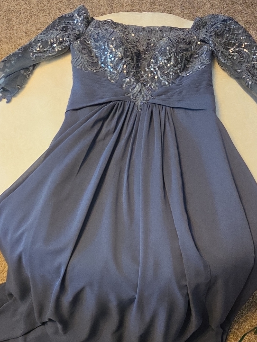 Mother of The BrideSlate Blue Off-Shoulder Evening Dress with Beaded Lace Bodice